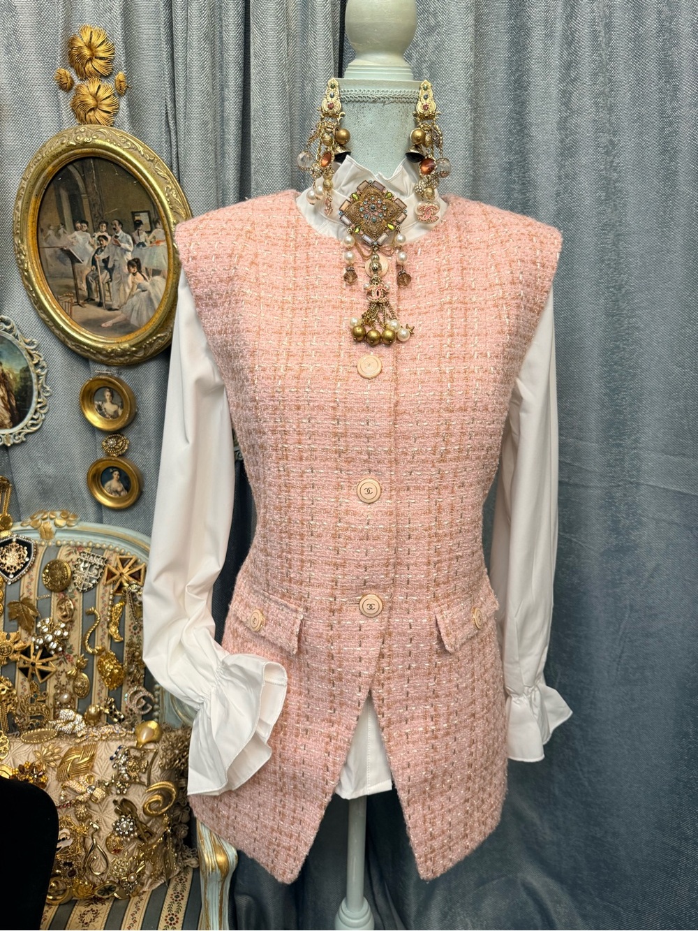 Classic Blush Pink Tweed Vest with Gold Threading & Flap Pockets